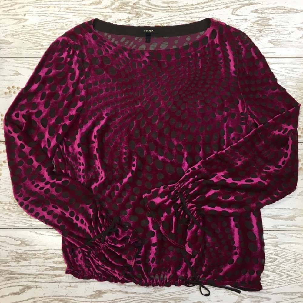 Vintage ESCADA Long Sleeve Fuscia and Black Silk Burnout Velvet Blouse EU SZ 40